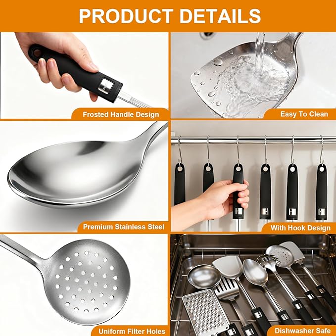 46Pcs Cooking Utensils Set - 18/10 Stainless Steel Kitchen Utensils Set, Complete Tools with Metal Kitchen Gadgets, Dishwasher Safe Spatula Set for Beginner Cooks, Apartment Dwellers, Homemakers
