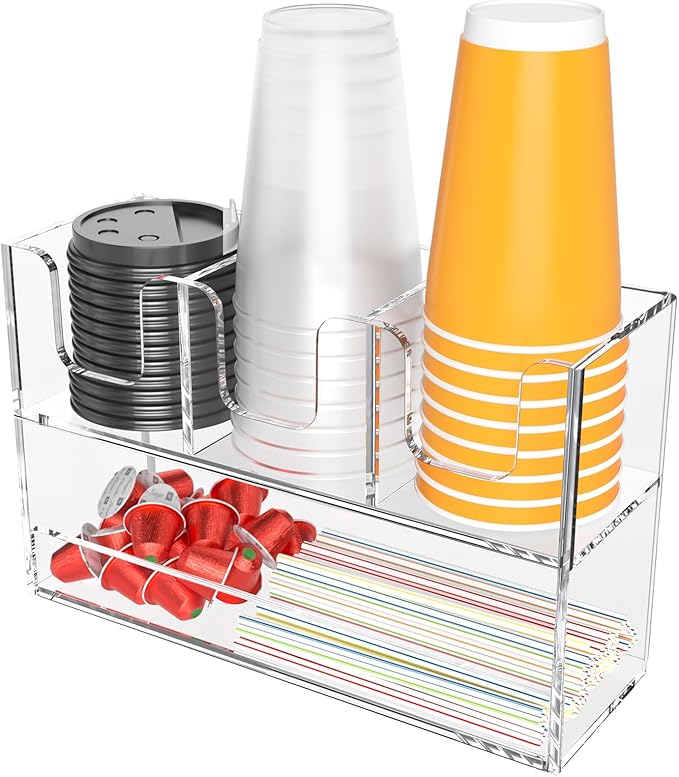 Beego 4-Compartment Cup Holder for Countertop - 2-Tier Clear Acrylic Cup Dispenser Coffee Station Paper Cup and Lid Organizer Condiment Storage for Restaurant Breakroom Kitchen Bar Accessories