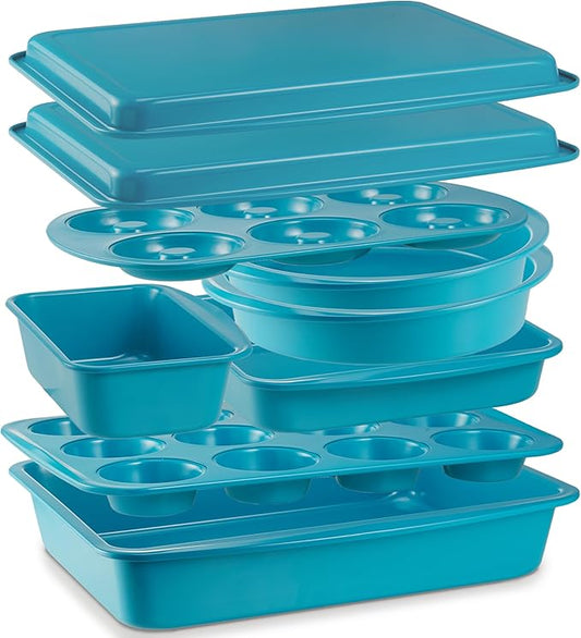 BRONYPRO Ceramic Baking Pans Set, 9-Piece Baking Sheet Set with Non-Stick Coating and Innovative Handles, Includes Exclusive Donut Pan – Ideal for Home and Professional Baking(Turquoise)