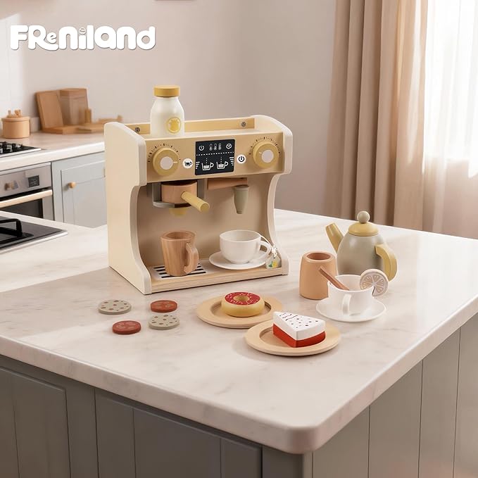 Freniland Wooden Coffee Maker Playset for Toddlers, Deluxe Pretend Espresso Machine with Accessories, Montessori Kitchen Toy for Kids Ages 3Y+