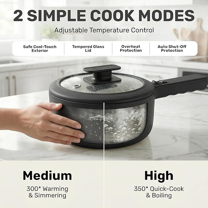 Hot Pot Electric 1.5L CERAMAX, Non-Toxic Ceramic Cooker with Steamer & Lid for Ramen, Pasta, Eggs, Soup - Portable for Dorms, Camping, RVs, Office, Adjustable Temp