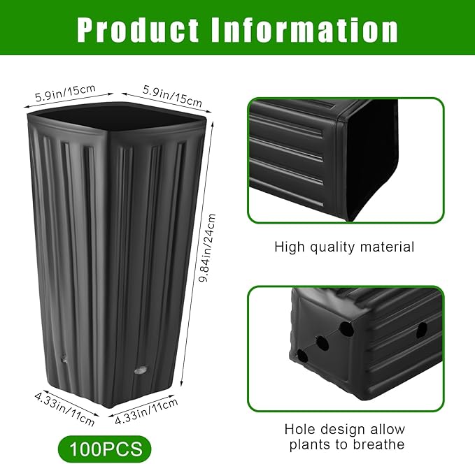 Nuenen 100 Pcs Tall Tree Pot Plastic Deep Plant Nursery Pots Black Seedling Treepots Flower Plant Container with Drainage Holes for Indoor Outdoor Gardening (9.8" H X 5.9" W)