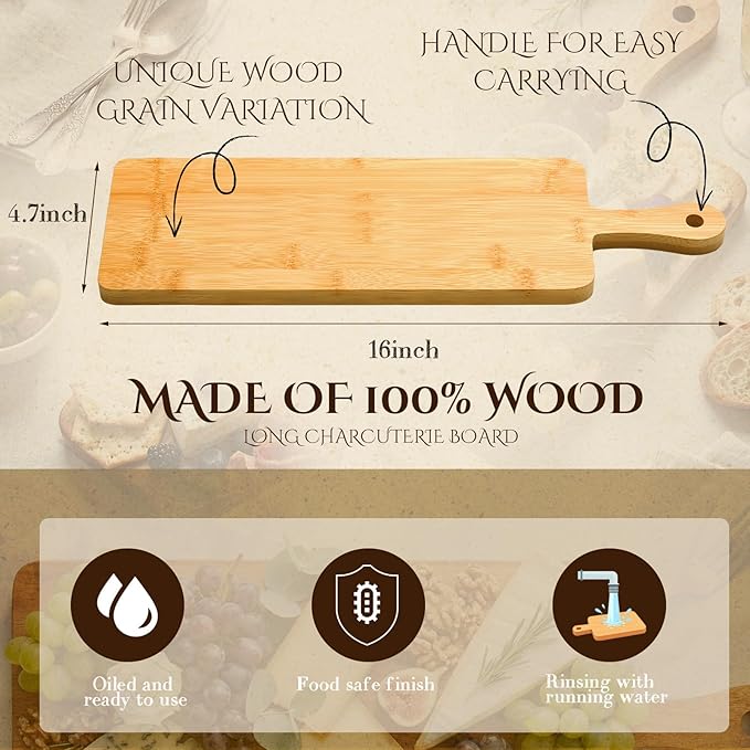 Nuenen 6 Pcs Wood Cutting Board with Handle 16.1 x 4.7 Inch Acacia Bamboo Wooden Serving Kitchen Chopping Boards for Pizza, Bread, Cheese, Charcuterie, Fruit, Vegetables(Narrow Bamboo)