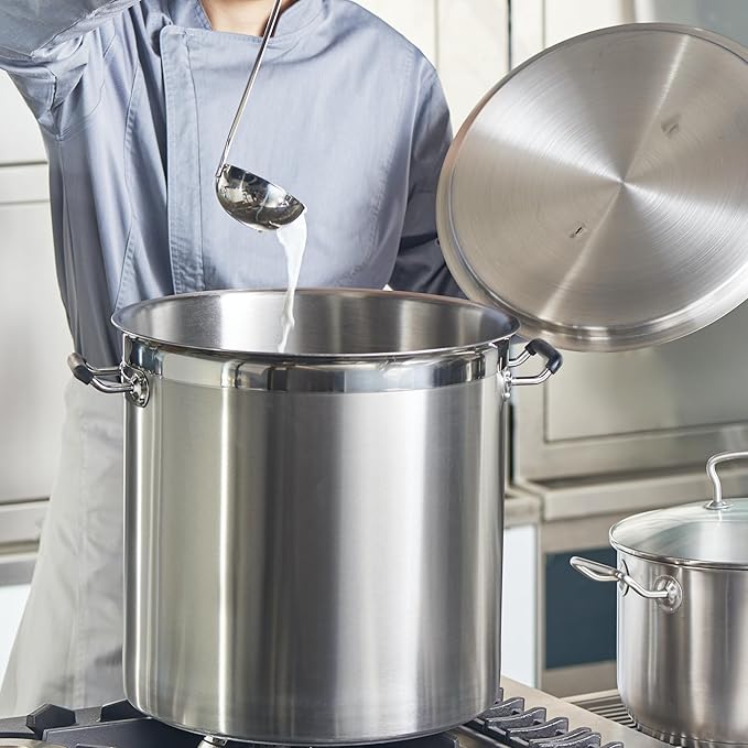 CURTA 32 Quart Large Stock Pot with Lid, NSF Listed, Induction Ready, 3-Ply Clad Base, 18/8 Stainless Steel Heavy Duty Cooking Pot, Commercial Cookware for Soup, Stew & Sauce, Riveted Silicone Handle