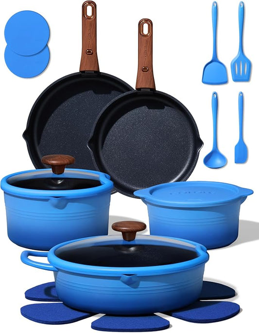 CAROTE 20Pcs Titanium Cookware Set, Pots and Pans Set Non Stick, Kitchen Cooking Set with Detachable Handle, Non Toxic Induction Cookware - Camping Cookware, Dishwasher/Oven Safe, Blue