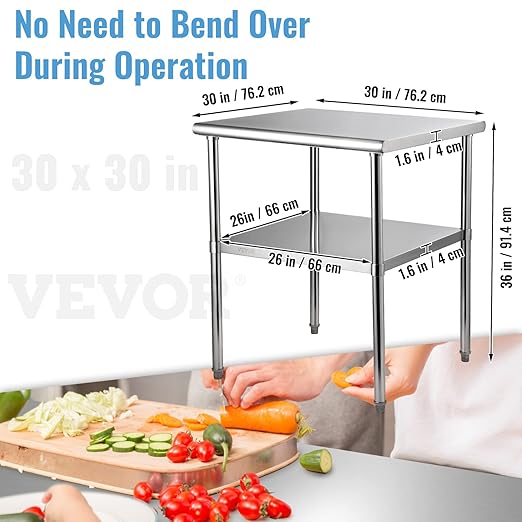 VEVOR Stainless Steel Prep Table, 30 x 30 x 36 Inch, 800lbs Load Capacity Heavy Duty Metal Worktable with Adjustable Undershelf & Feet, Commercial Workstation for Kitchen Garage Restaurant Backyard