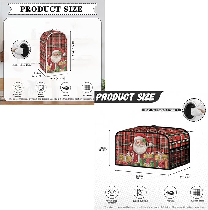 Santa Plaid Pattern Toaster Covers 2 Slice Wide Slot,3Pcs Set Christmas Bread Machine Cover Slow Cookers Cover Blender Covers with Top Handle and Accessories Pocket Counter Decor (Red)