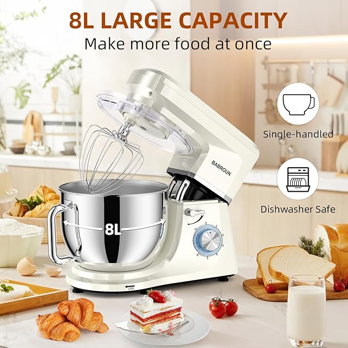 Dough Mixer 8.45 QT Electric Mixer - 660W 6 Speed Large Capacity Kitchen Stand Mixer with Whisk Dough Hook Mixing Beater Household Food Mixer for Baking Cakes Cookie Bread Salad(White)