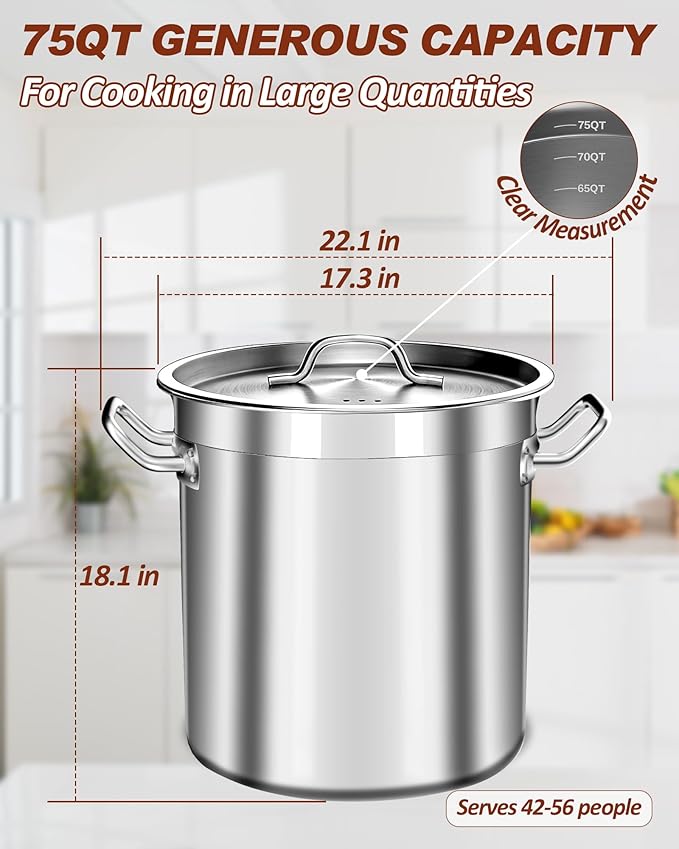 75 Quart Stainless Steel Stock Pot with Lid – Extra Large Commercial Cooking Pot for Soup, Stew, Seafood – Heavy Duty, Induction Ready – Perfect for Restaurants & Big Gatherings