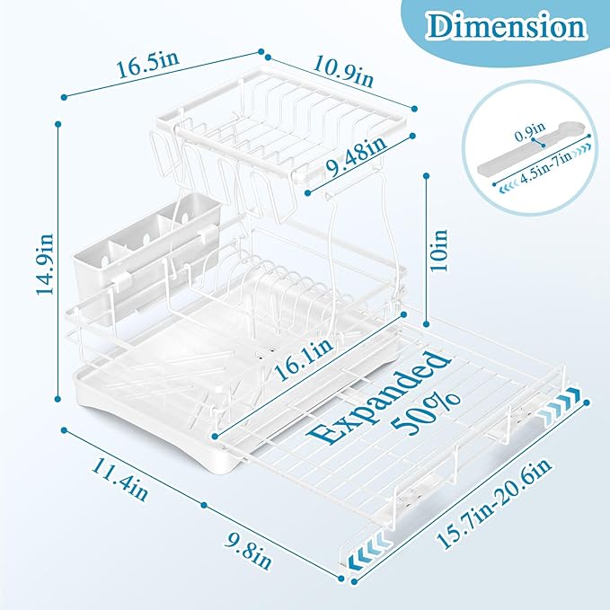 2 Tier Dish Drying Rack, Large Extendable Dish Racks for Kitchen Counter or Over Sink, Dishrack with Drainboard, 2-in-1 Anti-Rust Stainless Steel Dish Drainer with Utensil Holder & Cup Holder (white)