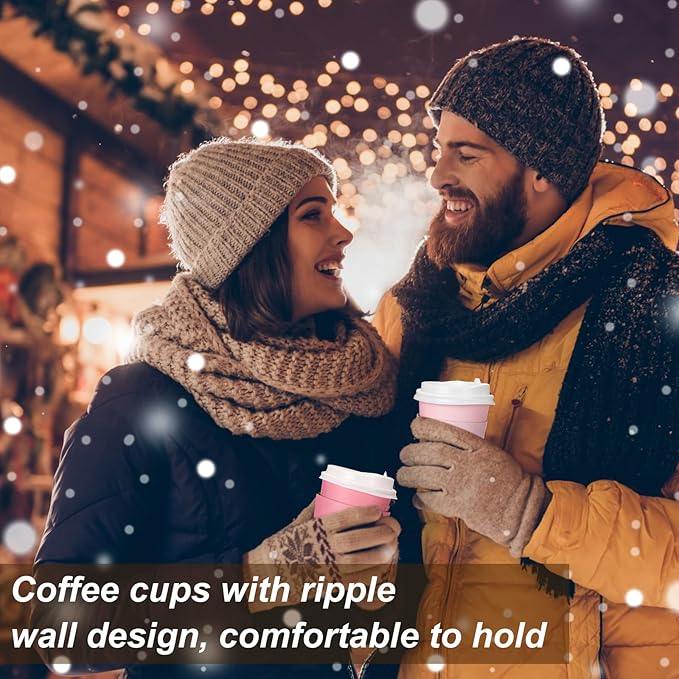 48 Pcs 12 oz Disposable Coffee Cups with Lids and Sleeves Bulk, Insulated Hot Chocolate Paper Cup for Hot and Cold Beverage Water Juice Cocoa Tea Party Restaurants Travel Supplies (Gradient Pink)