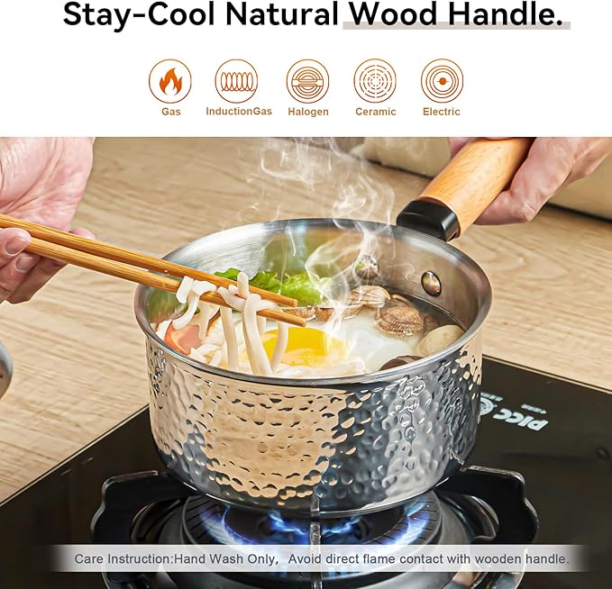 Tri-Ply Stainless Steel Saucepan with Lid, 1.8 Quart - Heavy-Gauge Hammered Exterior, Smooth Interior Milk Pot. Induction Ready Cookware for Ramen, Sauces, Noodles. Stay-Cool Wood Handle