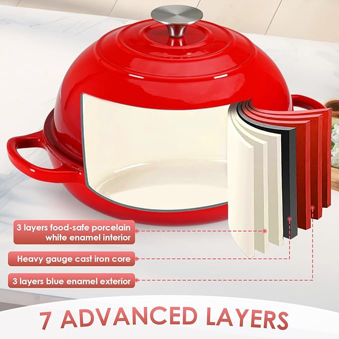 LIFERUN 6qt Enameled Cast Iron Dutch Oven for Sourdough Bread Baking, Non-Stick Dome-Shaped Bread Oven Pot with Lid, Silicone Handles and Scraper, Red