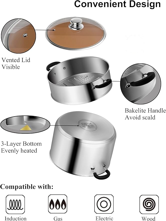 VENTION 9.4 Inch Small Vegetable Steamer Pot, 4.5 QT Induction Stainless Steel Steamer for Cooking, Steam Pot(24cm)