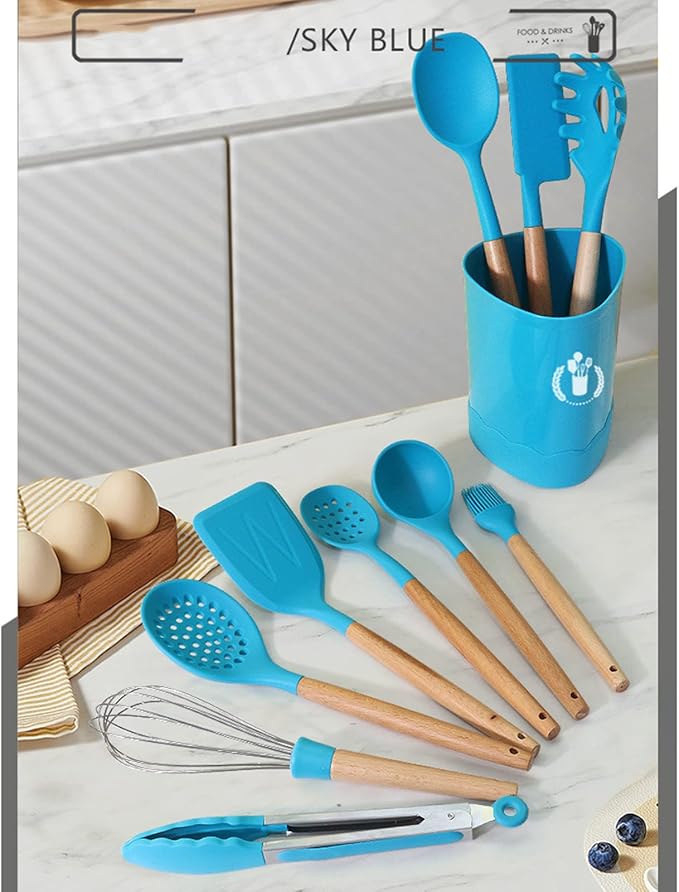 Blue Silicone Kitchen Cooking Utensils Set, Heat Resistant Silicone Kitchen Gadgets Utensils Set with Wooden Handle,Silicone Spoons Spatula Whisk with Holder for Nonstick Cookware