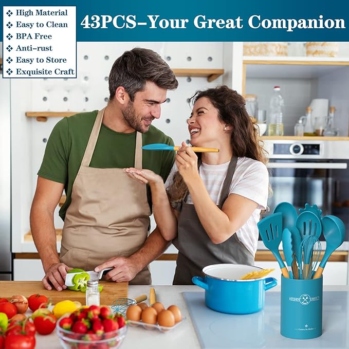 Silicone Cooking Utensils Set, 43Pcs Non-Stick Heat Resistant Kitchen Utensils Spatula Set with Wooden Handle for Baking, Cooking, and Mixing, Best Kitchen Gadgets Tools with Holder (Dark Blue)