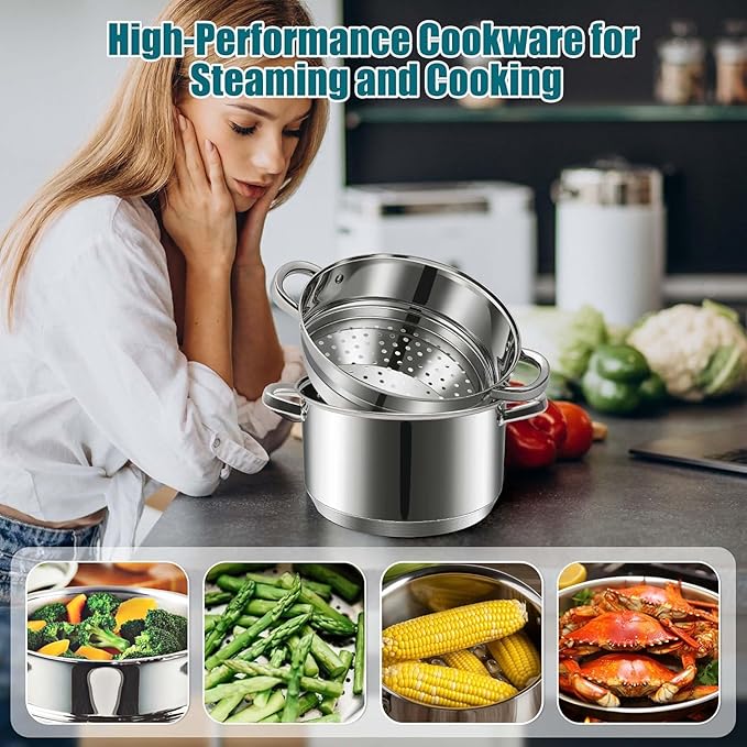 6 QT Stainless Steel Cookware Set, 3-Piece Multipurpose Stock Pot with Steamer Pot and Tempered Glass Lid, Stainless Steel Handle, Work with Gas Electric Induction Stove