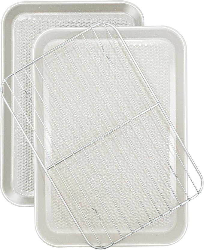2-Pack 9x13 Quarter Sheet Pan Baking Sheet Set with Wire Rack - Nonstick 0.8mm Carbon Steel, Cookie Sheets for Baking, Non-Toxic, Dishwasher Safe, Oven Safe 450°F (External 9.5x13.6)