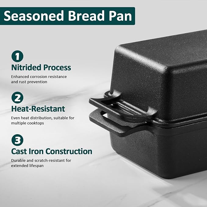 Leonyo 2 Piece Cast Iron Bread Pan, 9 x 5 inch Cast Iron Loaf Pan with Lid, 2-in-1 Pre-seasoned Loaf Dutch Oven for Baking Homemade Sourdough Bread, Pound Cake, Up to 500℉ & Oven Safe - Black