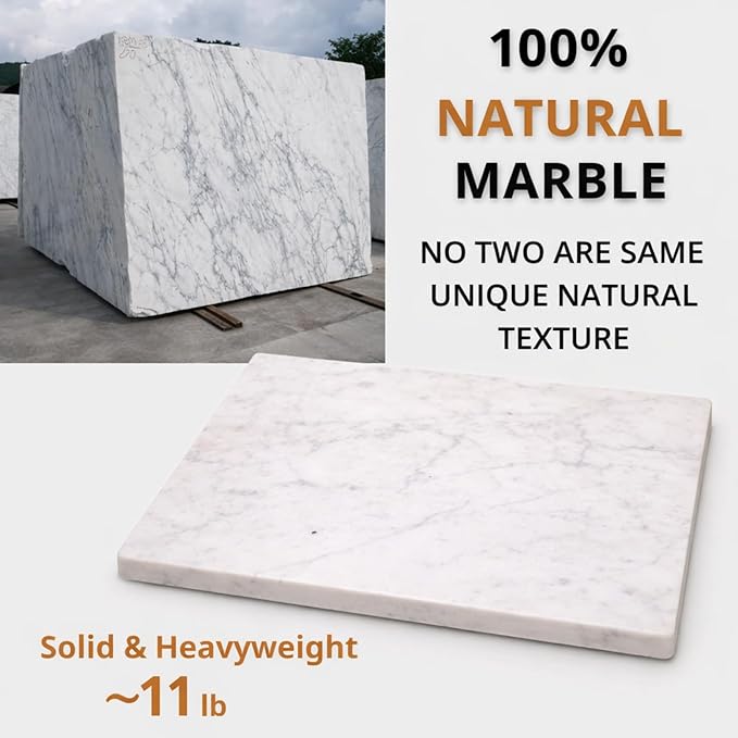 Marble Cheese and Pastry Board 16 x 12 Inch – Natural Carrara White Marble Cutting Board and Serving Tray for Dough, Bread, Pizza, Charcuterie – Heavy, Non-Slip, Gift-Ready.