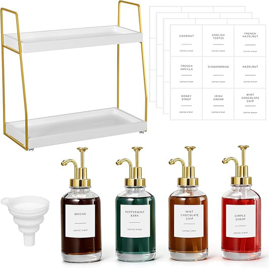 Leinuosen Coffee Bar Accessories, 2 Tier Wooden Cup Organizer Station and 4 Coffee Syrup Dispenser, 16.9 oz 500ml Glass Syrup Dispenser with 36 Labels and 1 Silicone Funnel