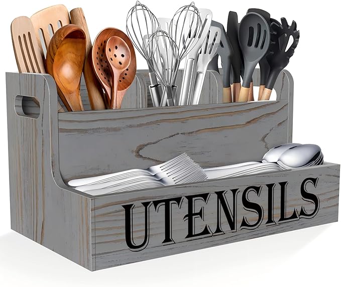 Suli Kitchen Utensils Holder, White Wooden Utensil Organizer for Kitchen Countertop, Farmhouse Utensil Storage, Rustic Cooking Utensils ,4 Compartments,- Grey Grain