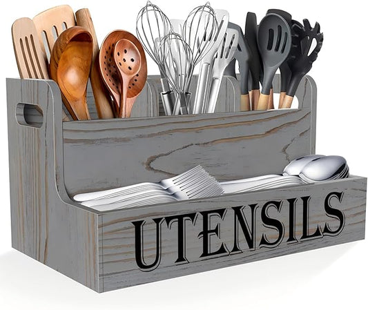 Suli Kitchen Utensils Holder, White Wooden Utensil Organizer for Kitchen Countertop, Farmhouse Utensil Storage, Rustic Cooking Utensils ,4 Compartments,- Grey Grain