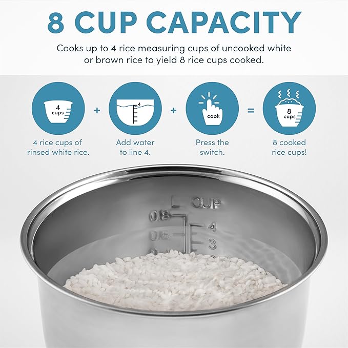 AROMA® Select Stainless® Rice Cooker, 4-Cup (Uncooked) / 8-Cup (Cooked), Stainless Steel Inner Pot, Multicooker, Steamer, 2 Qt, Stainless Steel, ARC-914SBDS
