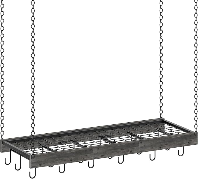 Hanging Pot Rack, 35.4" L x 13" W Ceiling Pot Hanger, Industrial Style Pot Rack, Wall Mounted Pot Hanger for Kitchen, Pot and Pan Hanging Rack, with Hooks, Charcoal Black and Black TPR12BCC1