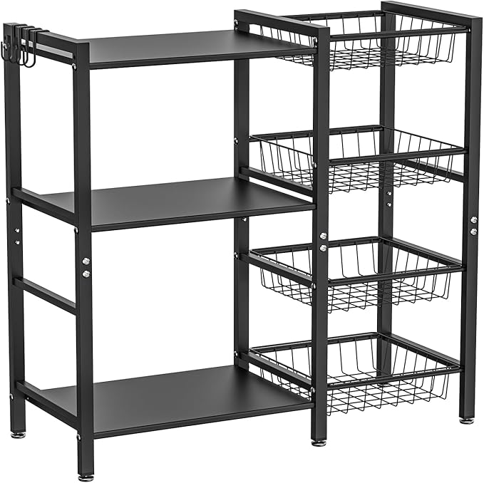 Storage Rack Kitchen Baker's Rack - 3 Tiers 4 Baskets, Utility Coffee Bar, Air Fryer Stand with Steel Mesh Baskets