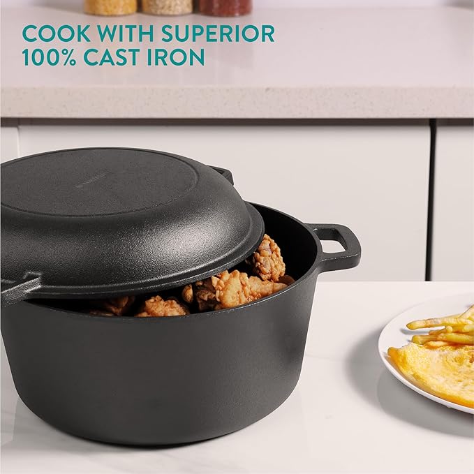 Navaris Cast Iron Casserole Dish Pot 5QT / 10.2" (4.7L / 26cm) - Dutch Oven for Bread Making - Pre-Seasoned Cast Iron Pot with Lid Usable as Frying Pan