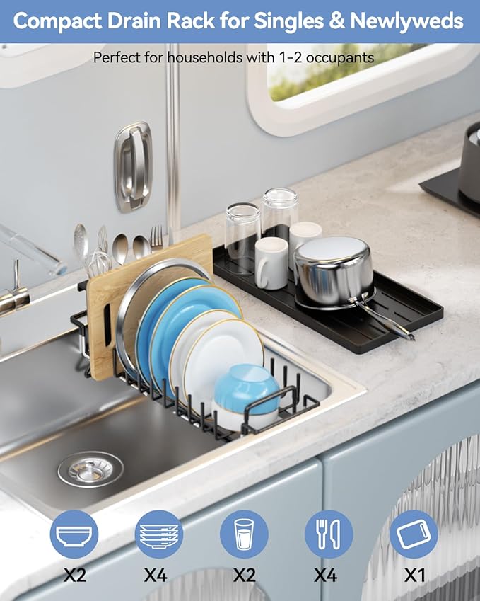 Small Dish Drying Rack in Sink, Expandable Dish Drainer Over Sink with Silicone Drying Tray, Compact Dish Rack for Kitchen Counter with Utensil Holder, Drying Rack Organize Small Space, Black
