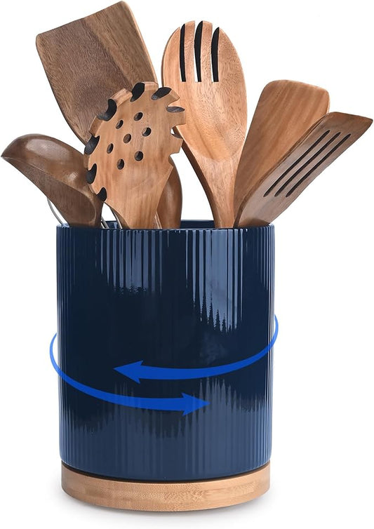 QUELIEN 360° Rotating Ceramic Utensil Crock - Large Kitchen Counter Organizer with Cork Base, Elegant Home Decor for Cooking Tools, Housewarming,Mothers Day & Christmas Gift Ideas (Blue)