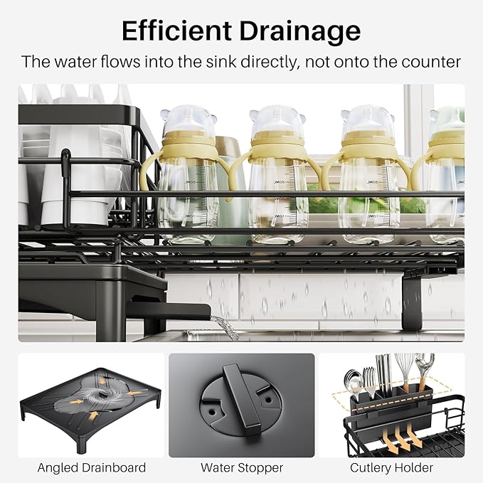 Dish Drying Rack, Extendable Dish Rack, Large Sink Drying Dish Drainer for Kitchen Counter, Carbon Steel Dish Strainer with Utensil Holder,Black