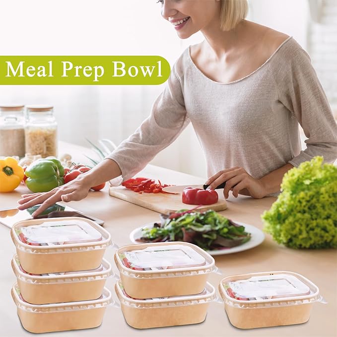 MINCOCO 50 Count Disposable Paper Bowls with Lids Meal Prep Containers 【Includes 50 Wooden Forks + 100 Labels】 Salad Food Containers Freezer & Microwave Safe Leakproof Soup Bowls (35 Ounce, 50-Count)