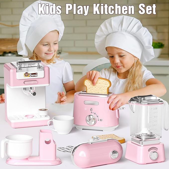Kids Kitchen Toys Set, BPA-Free 7 Piece Pretend Play Appliances with Light Sound, Coffee Maker Blender Stand Mixer Toaster for Toddlers Ages 3 Plus, Educational Role Play Gift (Pink)