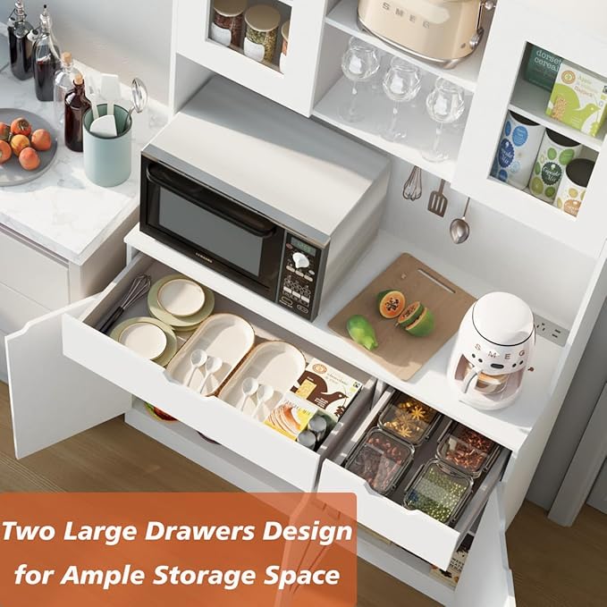 71" Tall Kitchen Pantry Storage Cabinet Large Farmhouse Hutch Cabinet with Microwave Stand, Charging Station, Adjustable Shelves, Countertop for Dining Room, Living Room, White