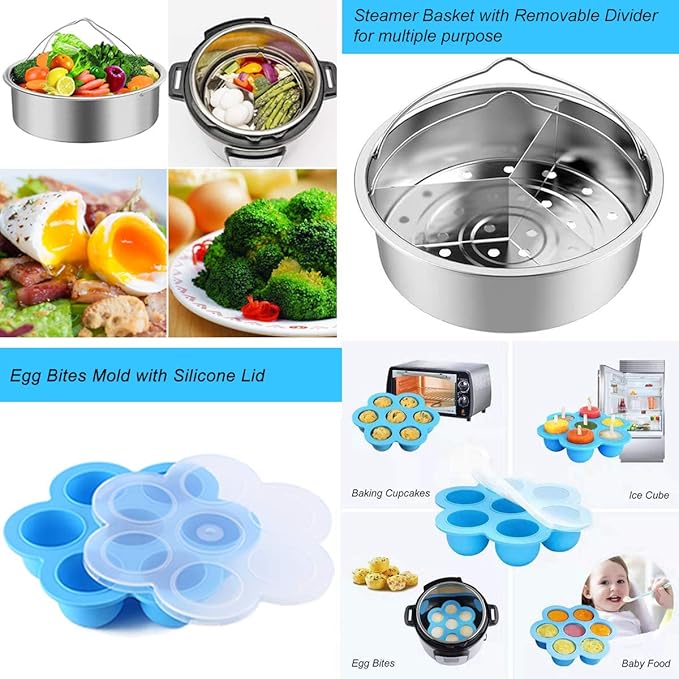 Instant Pot 6 qt/8 Qt Pressure Cooker Accessory Set - 2 Steamer Baskets, Springform Pan, Egg Bites Mold, Steamer Rack Trivet, Parchment Paper