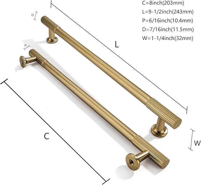 khtumeware 8 Inch Hole Center 5 Pack Brushed Brass Heavy Duty Solid Warm Brass Cabinet Pulls, Kitchen Drawer Handles, for Dresser cabinets, cabinets