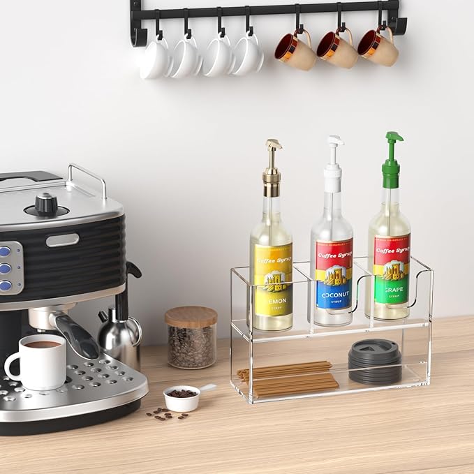 Coffee Condiment and Cup Organizer - 2-Tier Upright Cup and Lid Holder with Straw Organizer 4 Compartments Clear Acrylic Cup Dispenser for Restaurant Breakroom Coffee Station Countertop