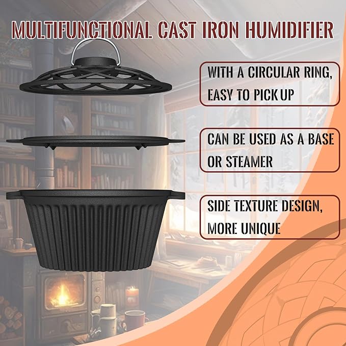 Dual-Layer Wood Stove Steamer/Humidifier + 6.5 Inch Octagon Cast Iron Skillet with Lid – Multi-Functional for Steaming, Frying, Baking & Stove
