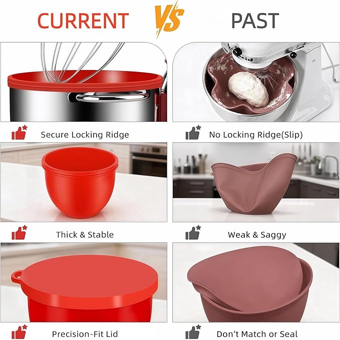 Kitchen Silicone Bowl Insert – Upgraded Non-Slip Silicone Mixer Bowl Liner for Tilt-Head 5 Qt Stand Mixers with Lid, Dishwasher & Microwave Compatible (red)