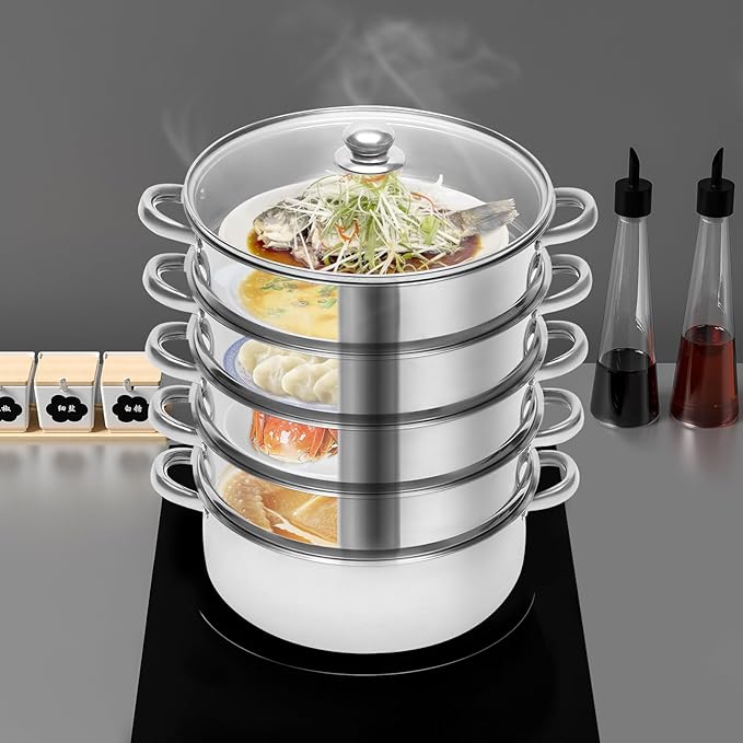 5-Layer Stainless Steel Steamer, 26CM Commercial Food-Grade Steamer Cookware Steaming Pot Tool w/Glass Lid Foods Steamers for Induction Cookers, Electric Ceramic Stoves, Gas Stoves (Silver, 26CM)