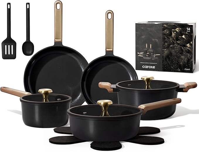 CAROTE Ceramic Cookware Set Nonstick, 14pcs Pots and Pans Set Nonstick, Non-Toxic & PFAS-Free, Dishwasher, RV/Camping Cookware Set, Cooking Pots with Lids, Charcoal Black
