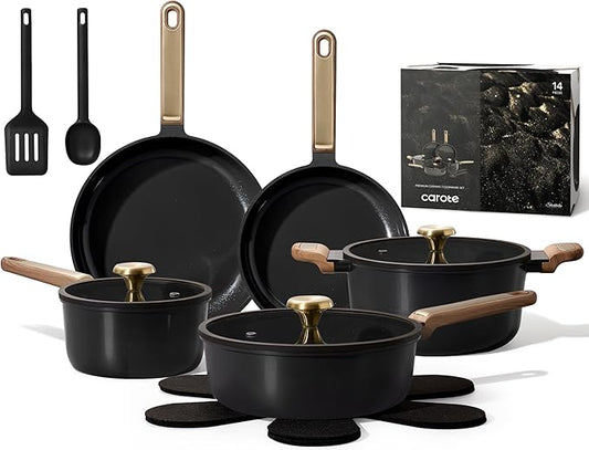 CAROTE Ceramic Cookware Set Nonstick, 14pcs Pots and Pans Set Nonstick, Non-Toxic & PFAS-Free, Dishwasher, RV/Camping Cookware Set, Cooking Pots with Lids, Charcoal Black