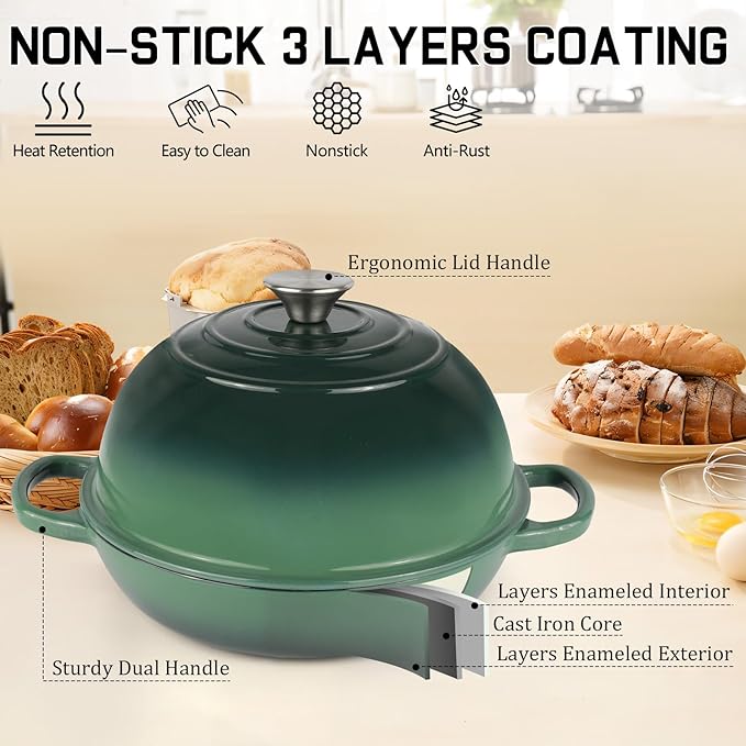 Enameled Cast Iron Bread Oven, Dutch Oven Pot with Lid, 10" Bread Dutch Oven for Sourdough Bread Baking, 6 Quarts Bread Pan with Dome Lid, Non-stick Cookware for Homemade Bread, Green
