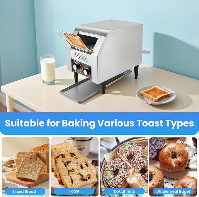 150/450 Slices/Hour Commercial Conveyor Toaster, Stainless Steel Heavy Duty Industrial Bread Baking Machine w/ 3 Ring Heating Tubes for Baking Sliced Bread, Toast (1300W(TT-150))