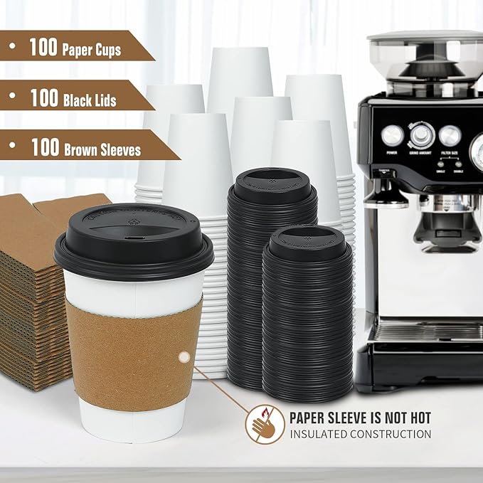 Ginkgo 100 Pack 12 oz Disposable Thickened Paper Coffee Cups with Lids and Sleeves, To Go Hot Coffee Cups, Hot Chocolate, Cocoa and Coffee Bar Supplies