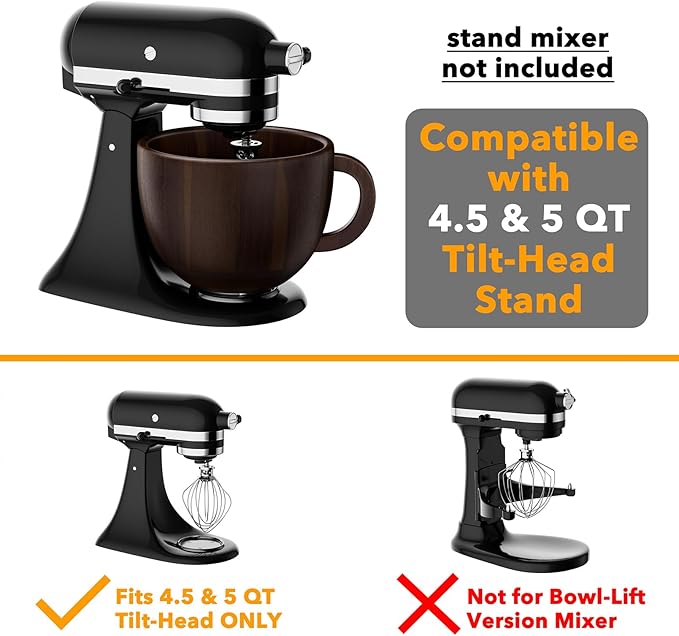 SpaceAid Wooden Bowl with Handle, Kitchen Space Aid Acacia Wood Mixing Bowls Holder for Stand Mixer, Compatible with 4.5 & 5 QT Tilt-Head Models Kitchen, Dark Wood