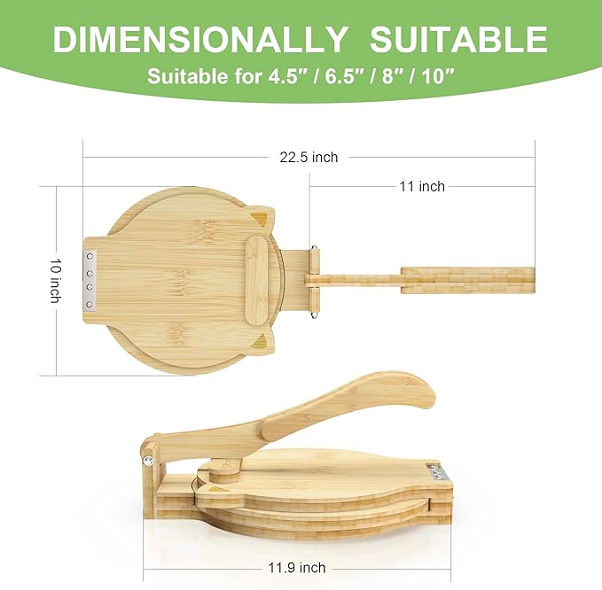 Tortilla Press 10 Inch - Bamboo Quesadilla & Roti Maker with Parchment Paper Sheets & Dough Cutter for Homemade Flour Corn Tortilla, Wood Tortillera Pataconera Tortilla Maker for Home Baking